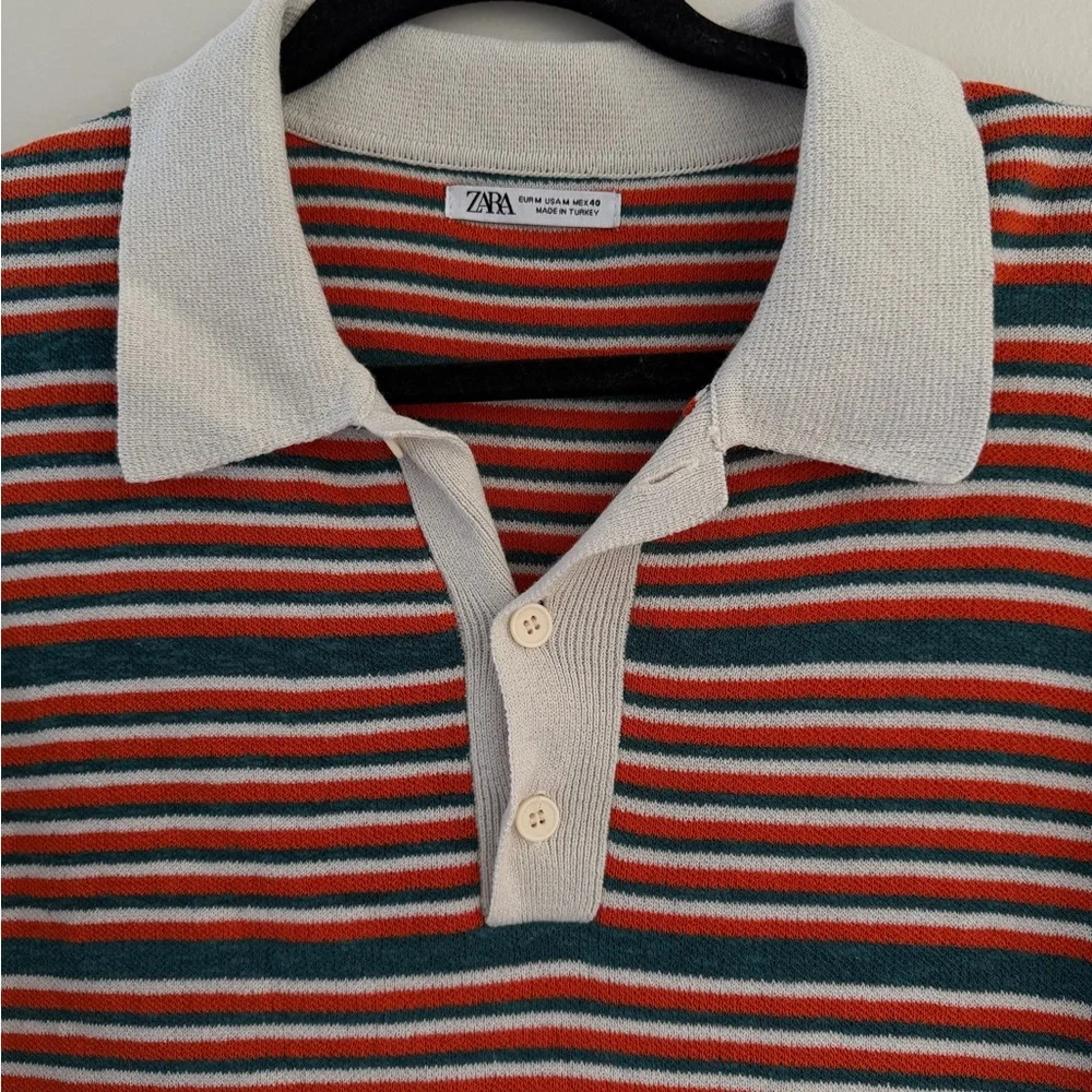 Zara Men's Polo Shirt - Red, Green, White Stripes - Picture 3 of 5